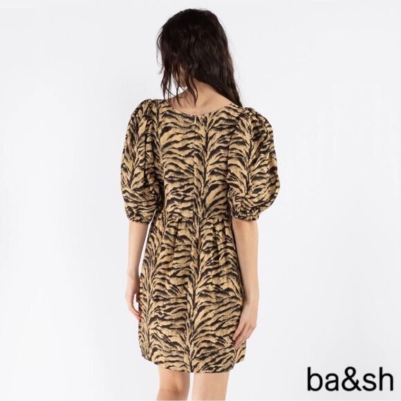 BA&SH **NWT** Zola Puff-sleeve Linen-blend Tiger Print Mini Dress - Picture 6 of 14